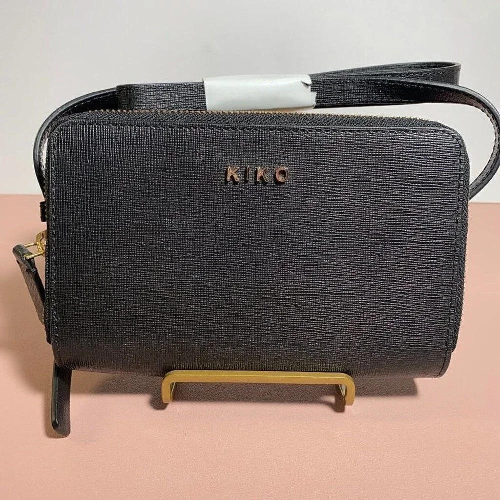 KIKO Crossbody Bag Black Saffiano Texture Gold Logo Zip Around OS - Picture 1 of 4